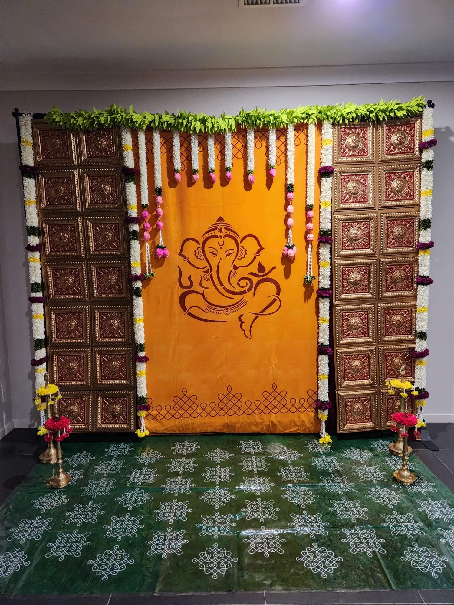 Sharu Space Yellow Velvet Ganesh Backdrop with Panels Combo