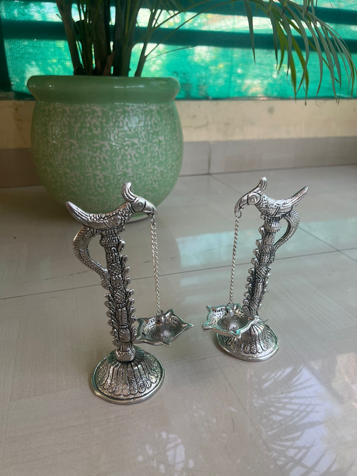 Sharu Space German Silver Antique parrot hanging small diya/deepam pair