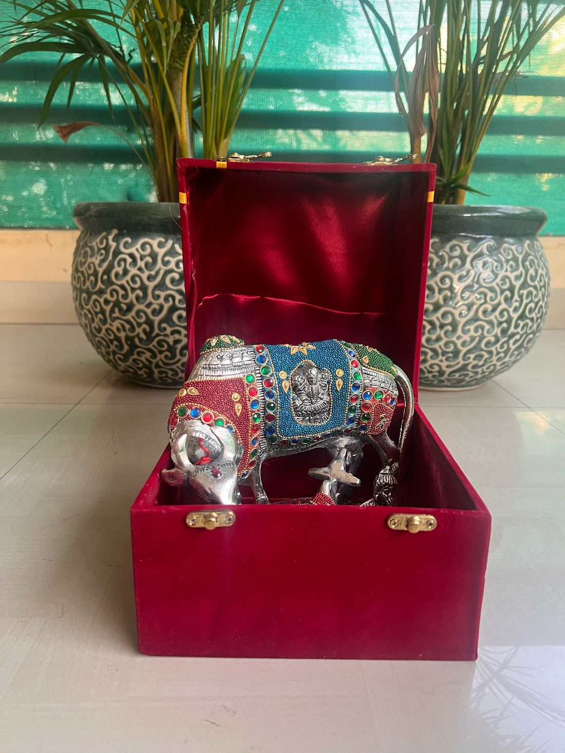 Germansilver cow with fancy stone work in velvet box